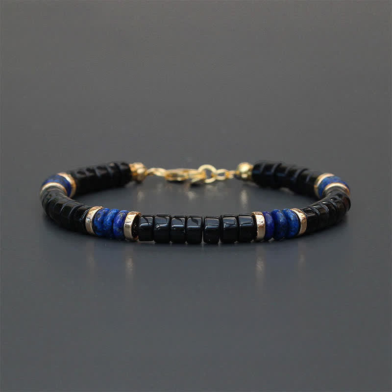 Buddha Stones Pulsera de cuentas de cubo de la verdad de ónix negro y lapislázuli - Lapislázuli (Sabiduría ♥ Verdad) (Circunferencia de la muñeca: 18-19 cm) - image 0
