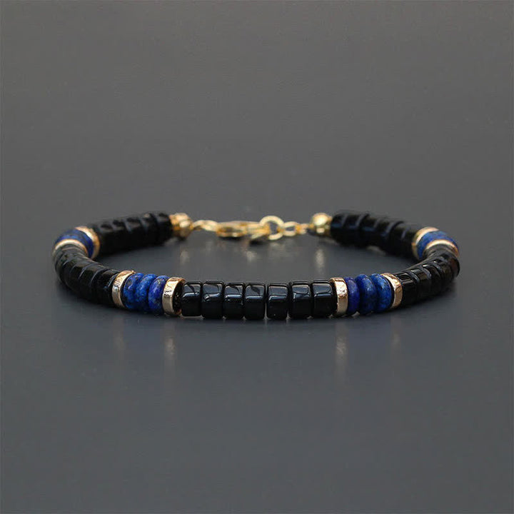 Buddha Stones Pulsera de cuentas de cubo de la verdad de ónix negro y lapislázuli - Lapislázuli (Sabiduría ♥ Verdad) (Circunferencia de la muñeca: 18-19 cm) - image 0