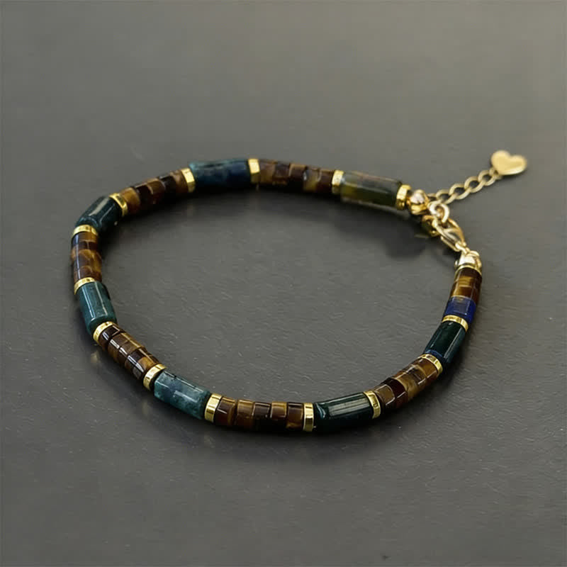 Pulsera de sabiduría con cuentas cilíndricas de lapislázuli, ágata india y ojo de tigre, Buddha Stones. - Con cadena extensora (circunferencia de la muñeca: 20-22 cm) - image 1