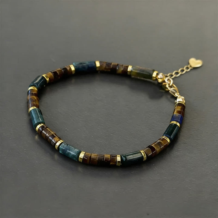 Buddha Stones Pulsera de sabiduría con cuentas cilíndricas de lapislázuli y ojo de tigre - Con cadena extensora (circunferencia de la muñeca: 16-18 cm) - image 1