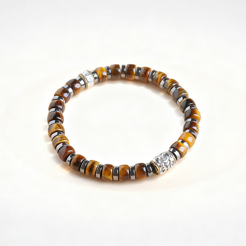 Buddha Stones Pulsera de cuentas de plata antigua con ojo de tigre natural y diseño de león confiado - 7,5–7,9 pulgadas (19–20 cm) - image 1