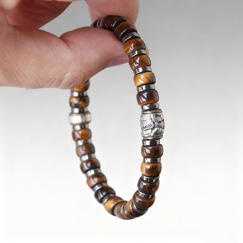 Buddha Stones Pulsera de cuentas de plata antigua con ojo de tigre natural y diseño de león confiado - image 8