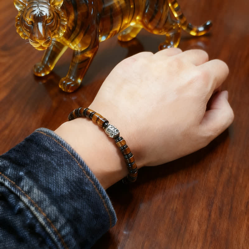 Buddha Stones Pulsera de cuentas de plata antigua con ojo de tigre natural y diseño de león confiado - image 10