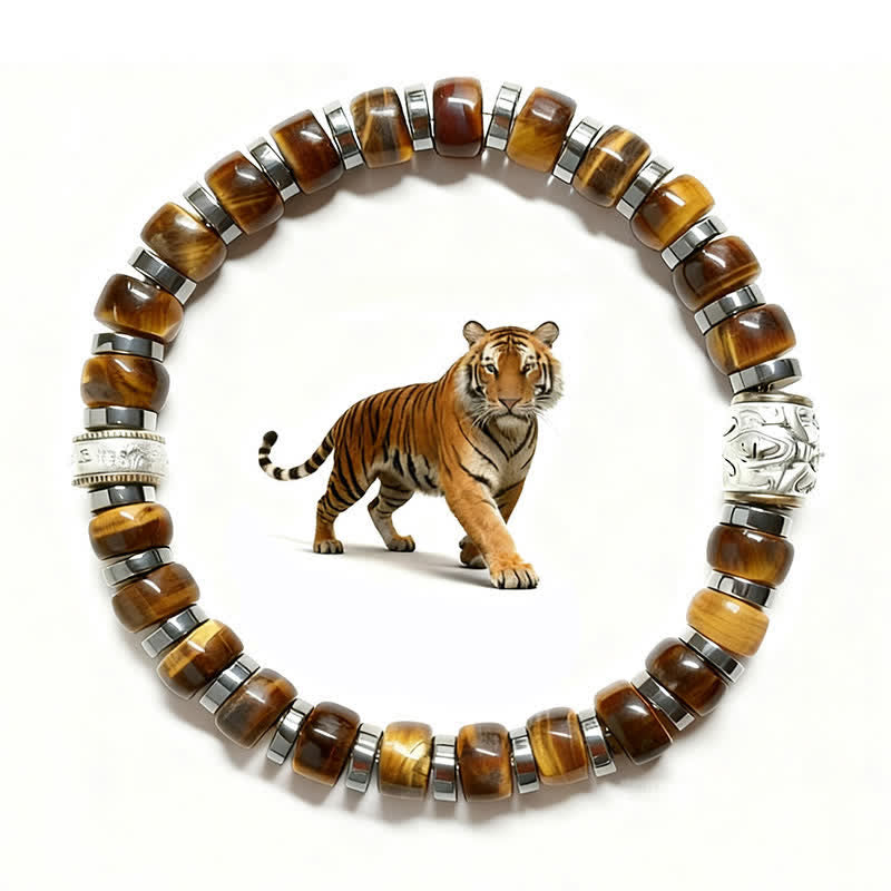 Buddha Stones Pulsera de cuentas de plata antigua con ojo de tigre natural y diseño de león confiado - image 3