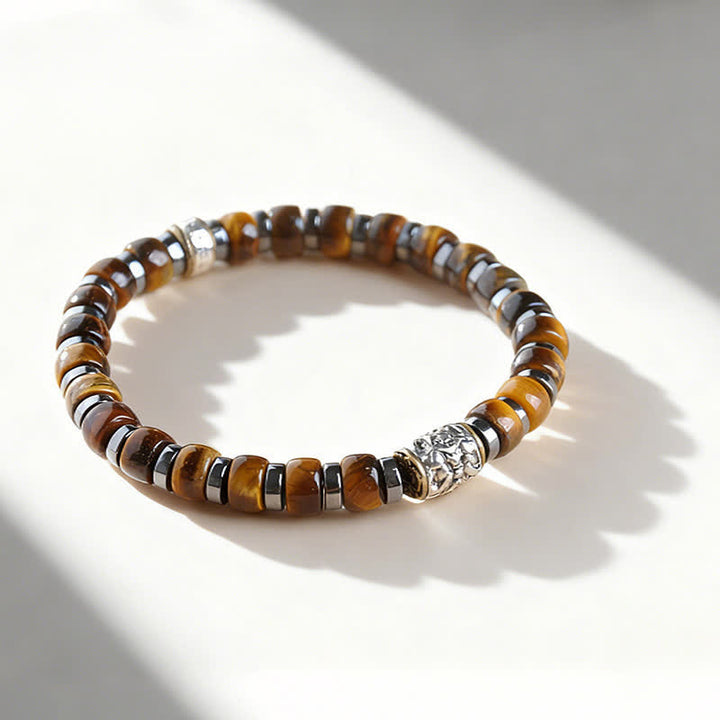 Buddha Stones Pulsera de cuentas de plata antigua con ojo de tigre natural y diseño de león confiado - image 2