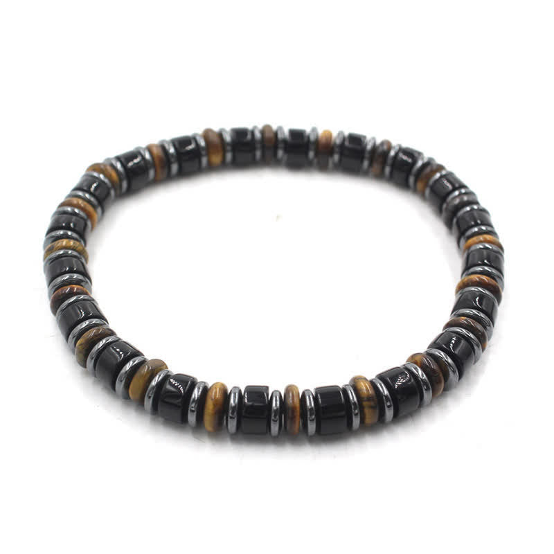 Buddha Stones Pulsera étnica de cuentas planas de hematita y obsidiana negra pulida a mano. - Obsidiana negra (Protección ♥ Conexión a tierra) (Circunferencia de la muñeca: 15-16 cm) - image 0