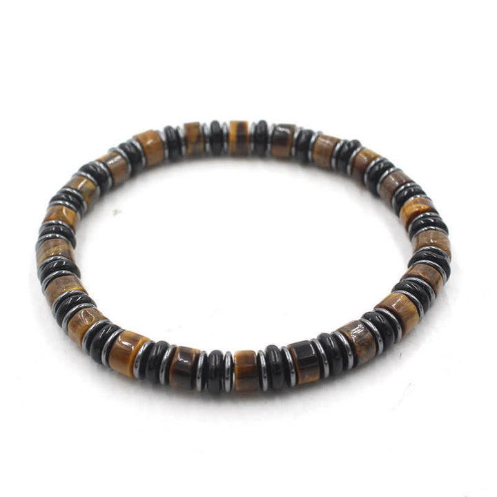 Buddha Stones Pulsera étnica de cuentas planas de hematita y obsidiana negra pulida a mano. - Ojo de Tigre (Confianza ♥ Enfoque) (Circunferencia de la muñeca: 15-16 cm) - image 2