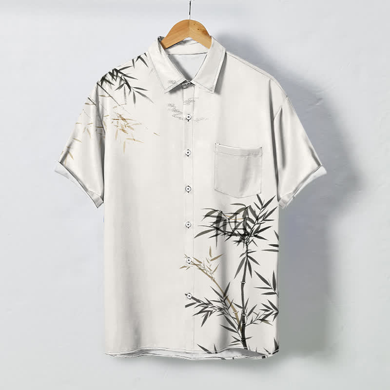 Buddha Stones Camisa de manga corta para hombre con botones estampados de hojas de bambú y tinta, resistente a las arrugas. - Marfil - US/UK/AU48, UE58 (4XL) - image 0