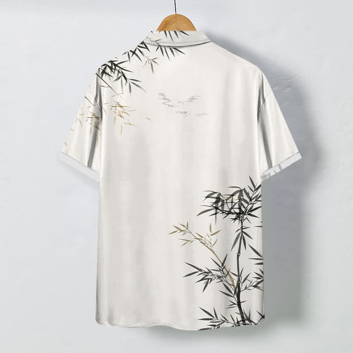 Buddha Stones Camisa de manga corta para hombre con botones estampados de hojas de bambú y tinta, resistente a las arrugas. - image 1