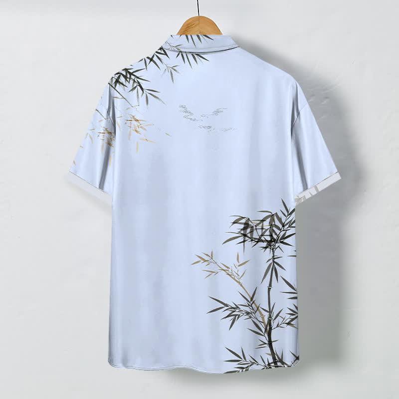 Buddha Stones Camisa de manga corta para hombre con botones estampados de hojas de bambú y tinta, resistente a las arrugas. - image 4