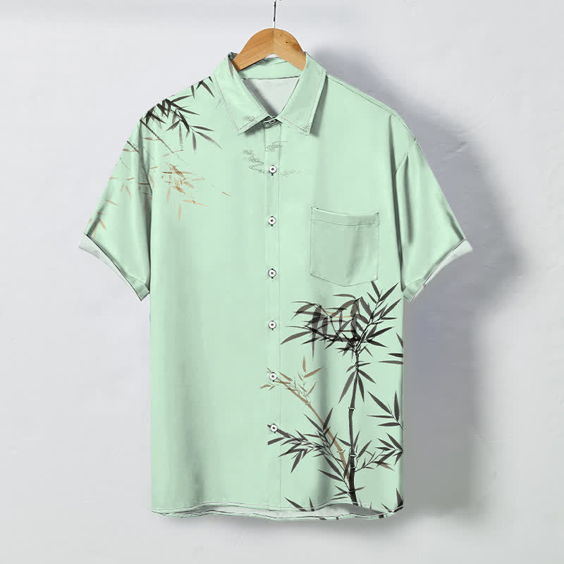 Buddha Stones Camisa de manga corta para hombre con botones estampados de hojas de bambú y tinta, resistente a las arrugas. - Verde pálido - US/UK/AU48, UE58 (4XL) - image 5