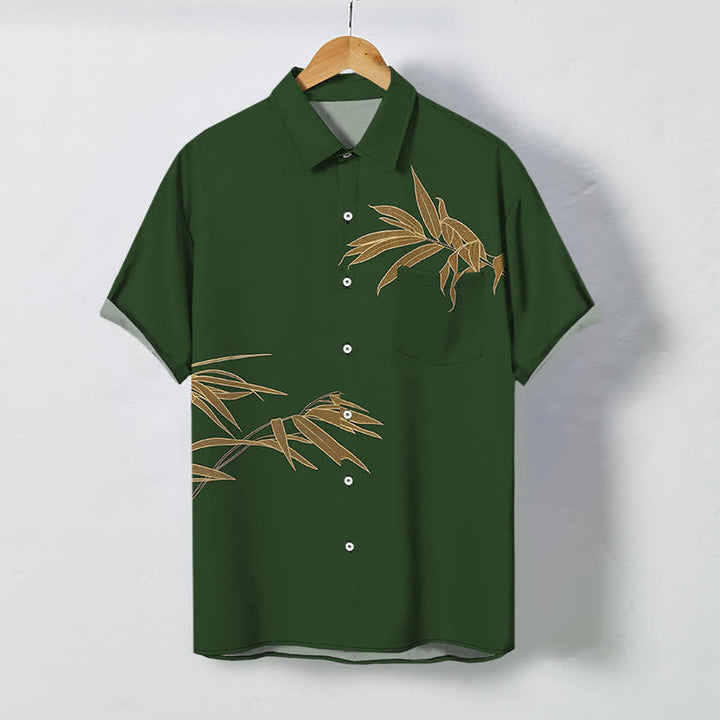 Buddha Stones Camisa transpirable de manga corta para hombre con botones y estampado de hojas de bambú doradas - Verde oscuro - US/UK/AU48, UE58 (4XL) - image 5