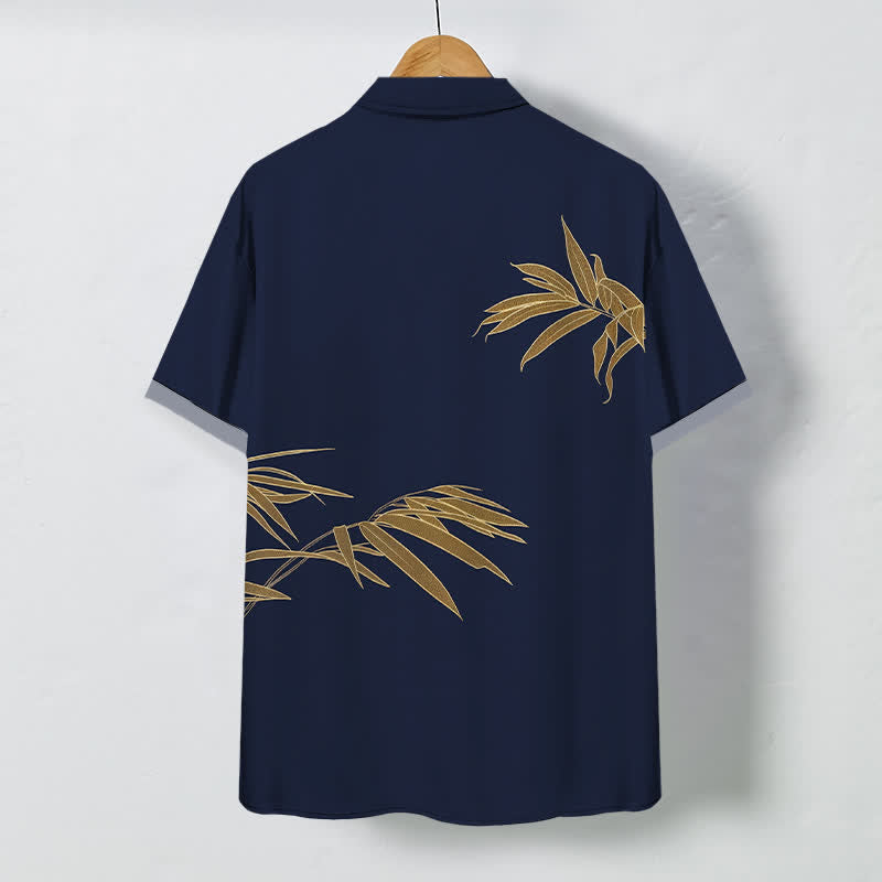 Buddha Stones Camisa transpirable de manga corta para hombre con botones y estampado de hojas de bambú doradas - image 8