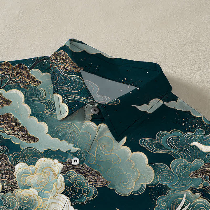 Buddha Stones Camisa de manga corta transpirable para hombre con botones y estampado de nubes y grullas orientales. - image 2