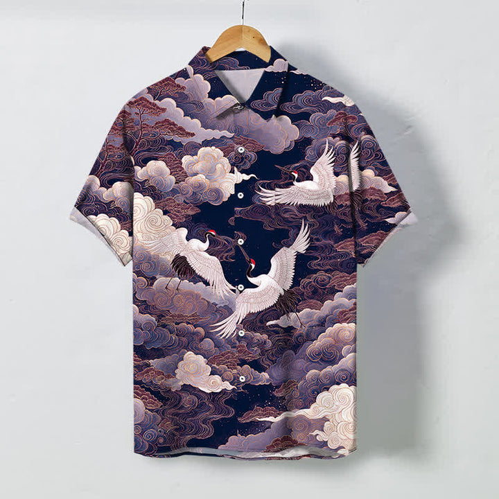 Buddha Stones Camisa de manga corta transpirable para hombre con botones y estampado de nubes y grullas orientales. - Azul pizarra oscuro - US/UK/AU48, UE58 (4XL) - image 5