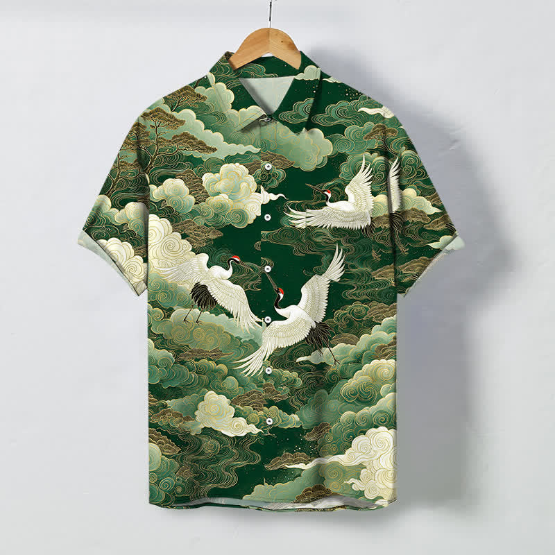 Buddha Stones Camisa de manga corta transpirable para hombre con botones y estampado de nubes y grullas orientales. - Verde bosque - US/UK/AU48, UE58 (4XL) - image 7
