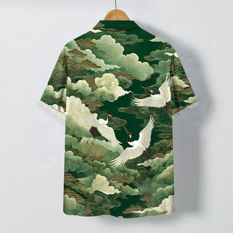 Buddha Stones Camisa de manga corta transpirable para hombre con botones y estampado de nubes y grullas orientales. - image 8