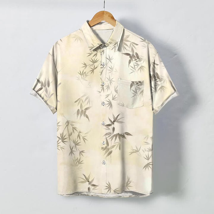Buddha Stones Camisa de manga corta para hombre con botones y estampado de hojas de bambú, resistente a las arrugas. - Marfil - US/UK/AU48, UE58 (4XL) - image 0
