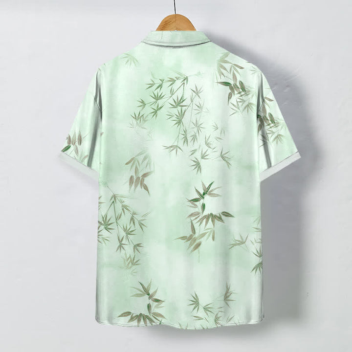 Buddha Stones Camisa de manga corta para hombre con botones y estampado de hojas de bambú, resistente a las arrugas. - image 4