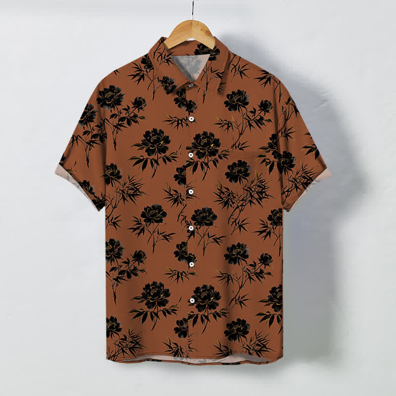 Buddha Stones Camisa transpirable de manga corta para hombre con botones y estampado floral tropical. - Tierra de siena - US/UK/AU48, UE58 (4XL) - image 0