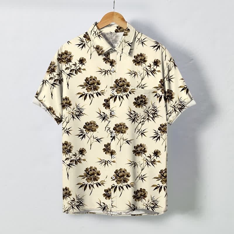 Buddha Stones Camisa transpirable de manga corta para hombre con botones y estampado floral tropical. - Beige - US/UK/AU48, UE58 (4XL) - image 5