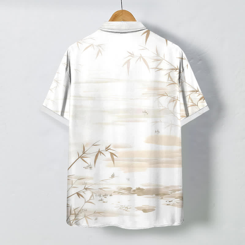 Buddha Stones Camisa de manga corta para hombre con botones y estampado de paisaje de hojas de bambú y tinta, resistente a las arrugas. - image 1