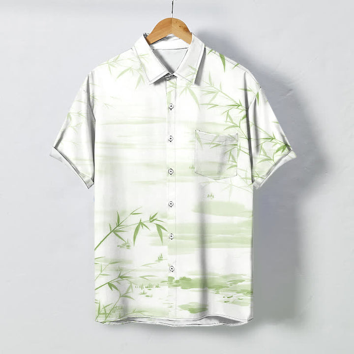 Buddha Stones Camisa de manga corta para hombre con botones y estampado de paisaje de hojas de bambú y tinta, resistente a las arrugas. - Verde pálido - US/UK/AU48, UE58 (4XL) - image 3