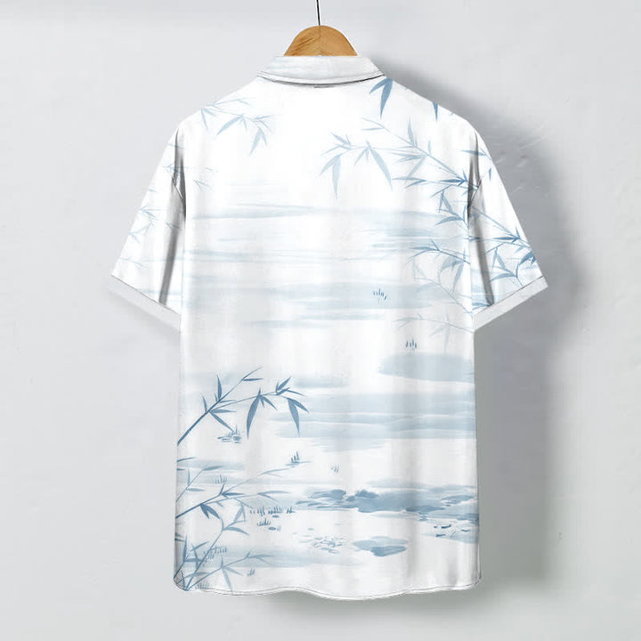 Buddha Stones Camisa de manga corta para hombre con botones y estampado de paisaje de hojas de bambú y tinta, resistente a las arrugas. - image 6