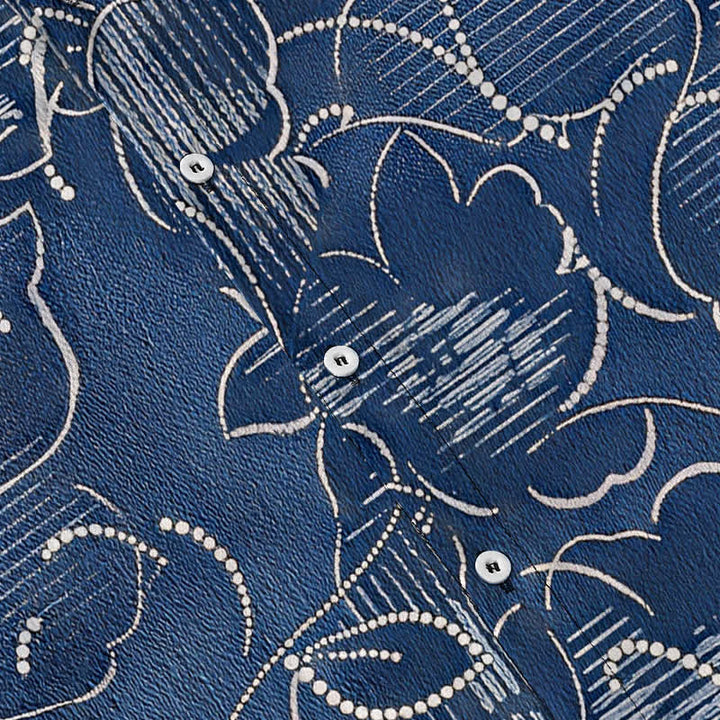 Buddha Stones Camisa de manga corta para hombre, resistente a las arrugas, con botones y estampado floral índigo. - image 3