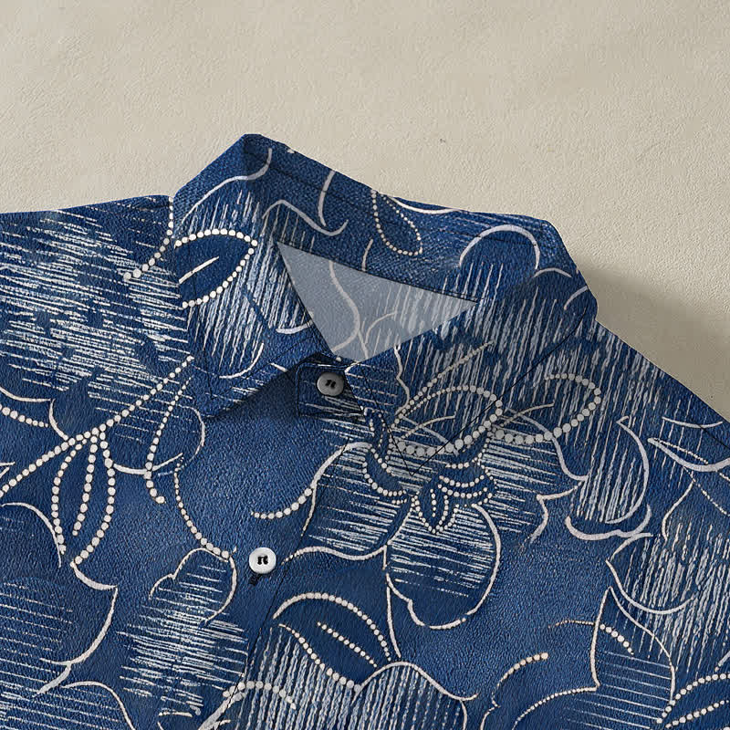 Buddha Stones Camisa de manga corta para hombre, resistente a las arrugas, con botones y estampado floral índigo. - image 2