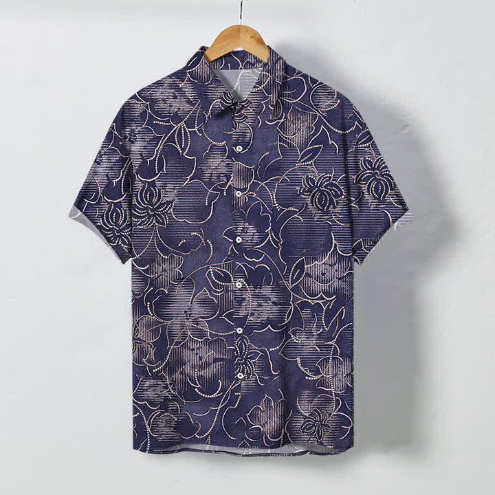 Buddha Stones Camisa de manga corta para hombre, resistente a las arrugas, con botones y estampado floral índigo. - Azul pizarra oscuro - US/UK/AU48, UE58 (4XL) - image 5