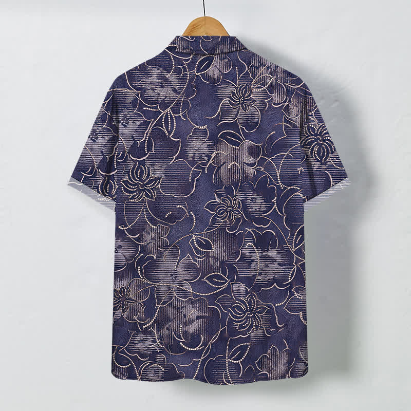 Buddha Stones Camisa de manga corta para hombre, resistente a las arrugas, con botones y estampado floral índigo. - image 6