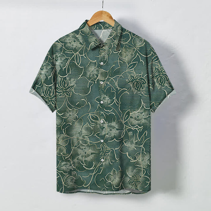 Buddha Stones Camisa de manga corta para hombre, resistente a las arrugas, con botones y estampado floral índigo. - Verde oliva oscuro - US/UK/AU48, UE58 (4XL) - image 7
