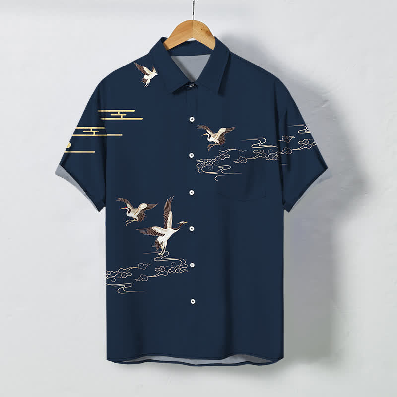 Buddha Stones Camisa de manga corta para hombre con botones y estampado de nubes y grullas, resistente a las arrugas. - Marina de guerra - US/UK/AU48, UE58 (4XL) - image 5