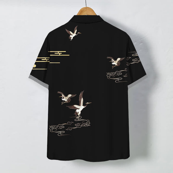 Buddha Stones Camisa de manga corta para hombre con botones y estampado de nubes y grullas, resistente a las arrugas. - image 8