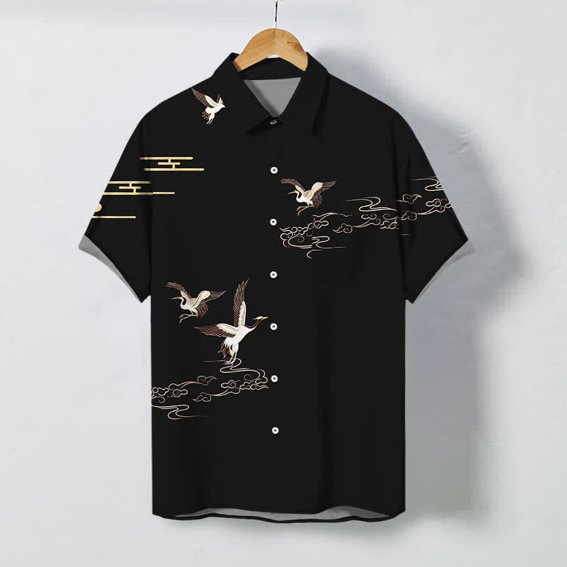 Buddha Stones Camisa de manga corta para hombre con botones y estampado de nubes y grullas, resistente a las arrugas. - Negro - US/UK/AU48, UE58 (4XL) - image 7