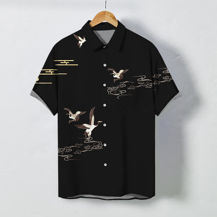 Buddha Stones Camisa de manga corta para hombre con botones y estampado de nubes y grullas, resistente a las arrugas. - Negro - US/UK/AU48, UE58 (4XL) - image 7