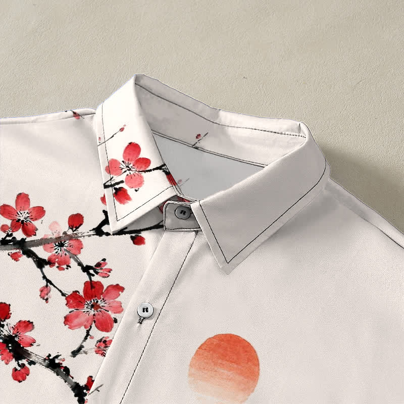 Buddha Stones Camisa transpirable de manga corta para hombre con estampado de paisaje de tinta, flores de bambú y puesta de sol. - image 2