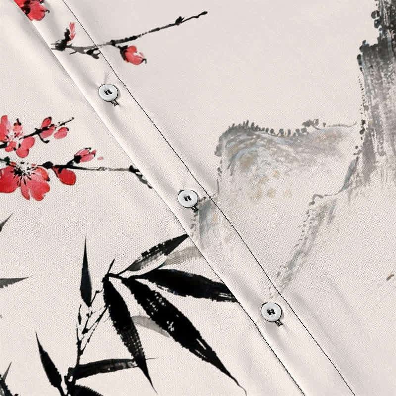 Buddha Stones Camisa transpirable de manga corta para hombre con estampado de paisaje de tinta, flores de bambú y puesta de sol. - image 3