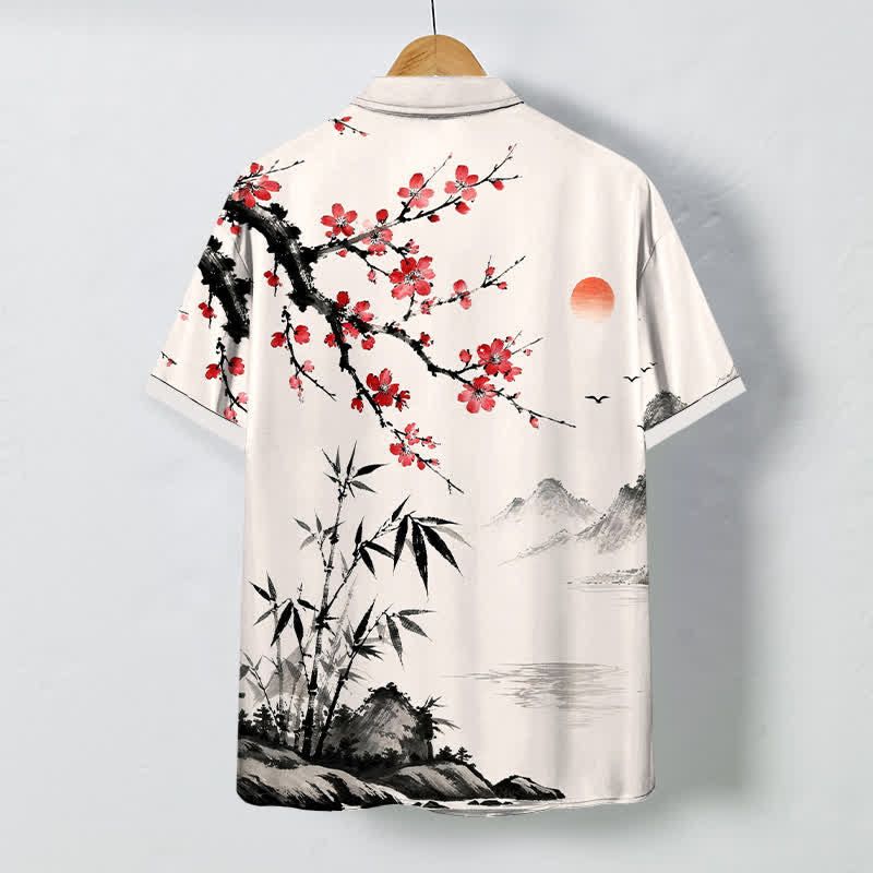 Buddha Stones Camisa transpirable de manga corta para hombre con estampado de paisaje de tinta, flores de bambú y puesta de sol. - image 1