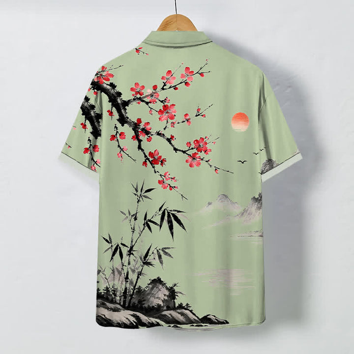 Buddha Stones Camisa transpirable de manga corta para hombre con estampado de paisaje de tinta, flores de bambú y puesta de sol. - image 8