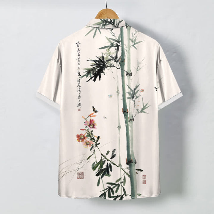 Buddha Stones Camisa transpirable de manga corta para hombre con botones y estampado de caligrafía de pájaros y flores de bambú en tinta - image 1