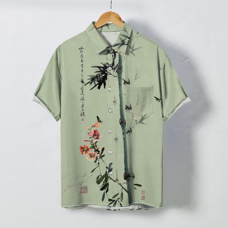 Buddha Stones Camisa transpirable de manga corta para hombre con botones y estampado de caligrafía de pájaros y flores de bambú en tinta - Verde mar oscuro - US/UK/AU48, UE58 (4XL) - image 3
