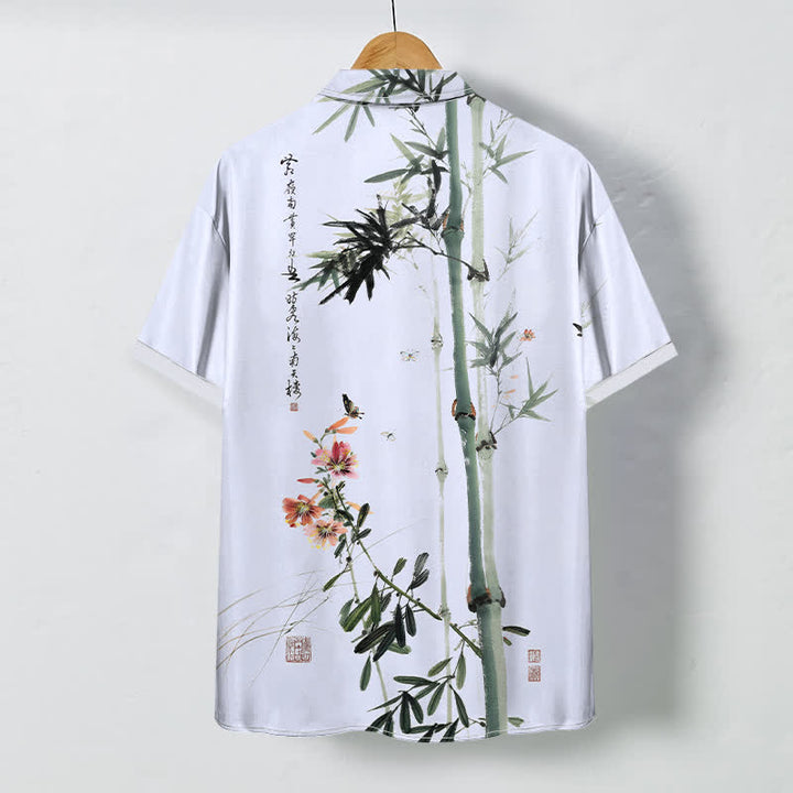 Buddha Stones Camisa transpirable de manga corta para hombre con botones y estampado de caligrafía de pájaros y flores de bambú en tinta - image 6