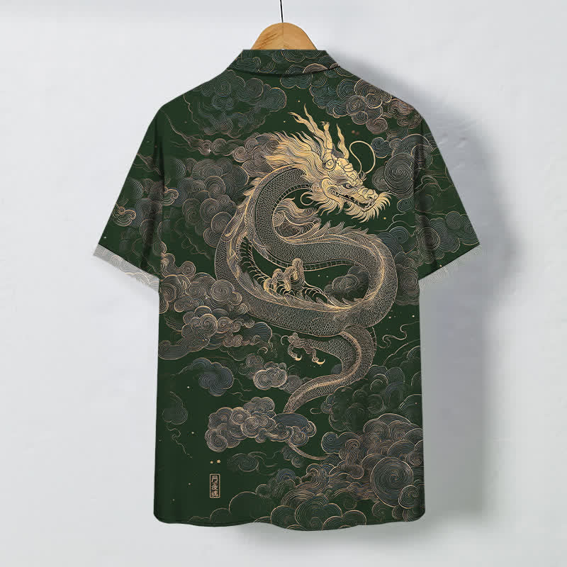 Buddha Stones Camisa de manga corta para hombre con botones y estampado de nube de dragón dorado, resistente a las arrugas. - image 6