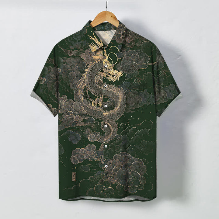 Buddha Stones Camisa de manga corta para hombre con botones y estampado de nube de dragón dorado, resistente a las arrugas. - Verde oscuro - US/UK/AU48, UE58 (4XL) - image 5