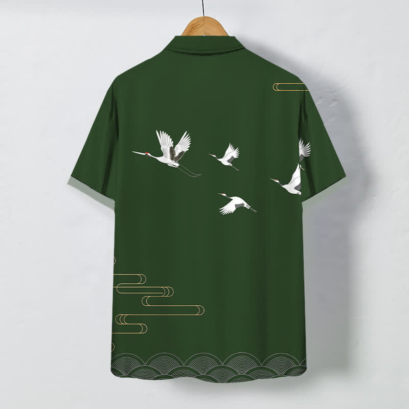 Buddha Stones Camisa transpirable de manga corta para hombre con botones estampados de ondas doradas y grullas - image 8