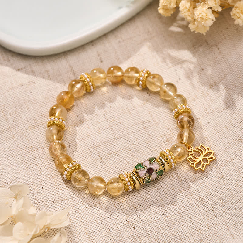 Buddha Stones Colgante de citrino y loto, pulsera de cuentas redondas pulidas a mano con esmalte y diseño de abundancia. - image 1