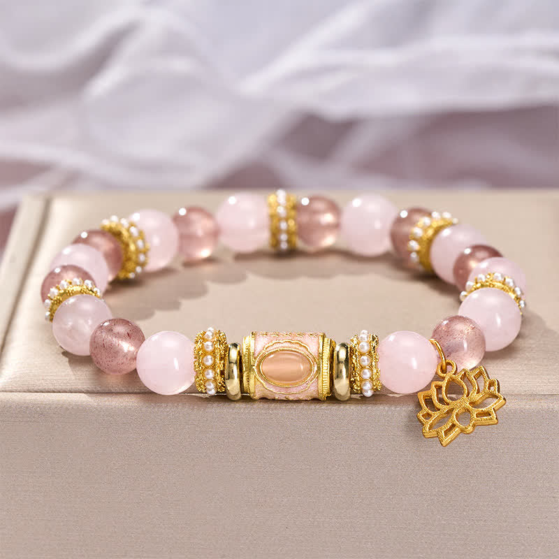 Buddha Stones Pulsera de cuentas redondas de cuarzo rosa y cuarzo fresa natural con esmalte. - image 2
