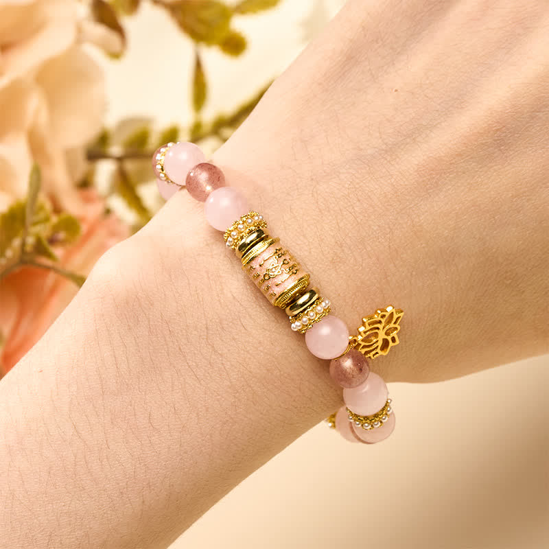 Buddha Stones Pulsera de cuentas redondas de cuarzo rosa y cuarzo fresa natural con esmalte. - image 4